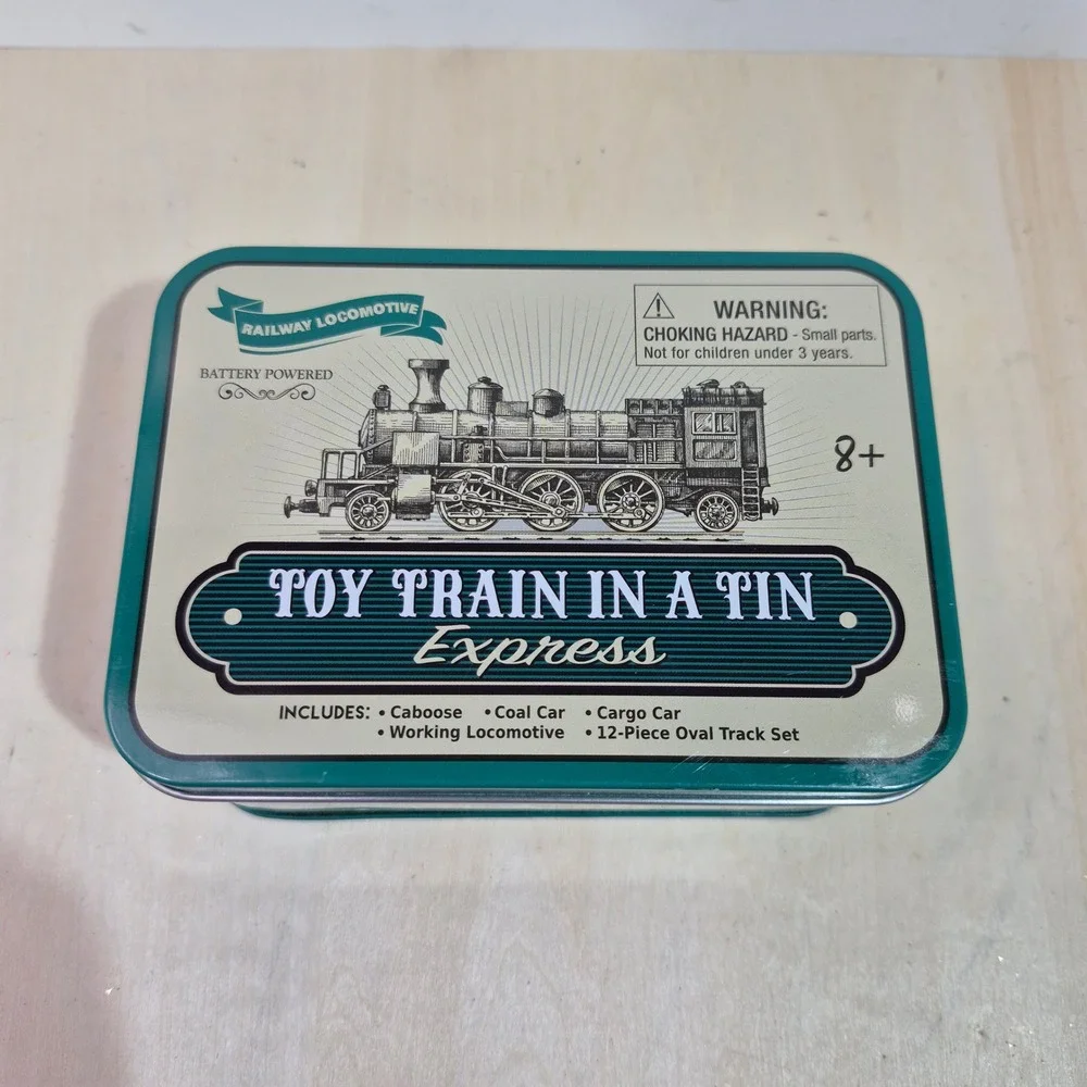 Toy Train In A Tin Express Battery Powered Railway Locomotive 12 Piece Track Set